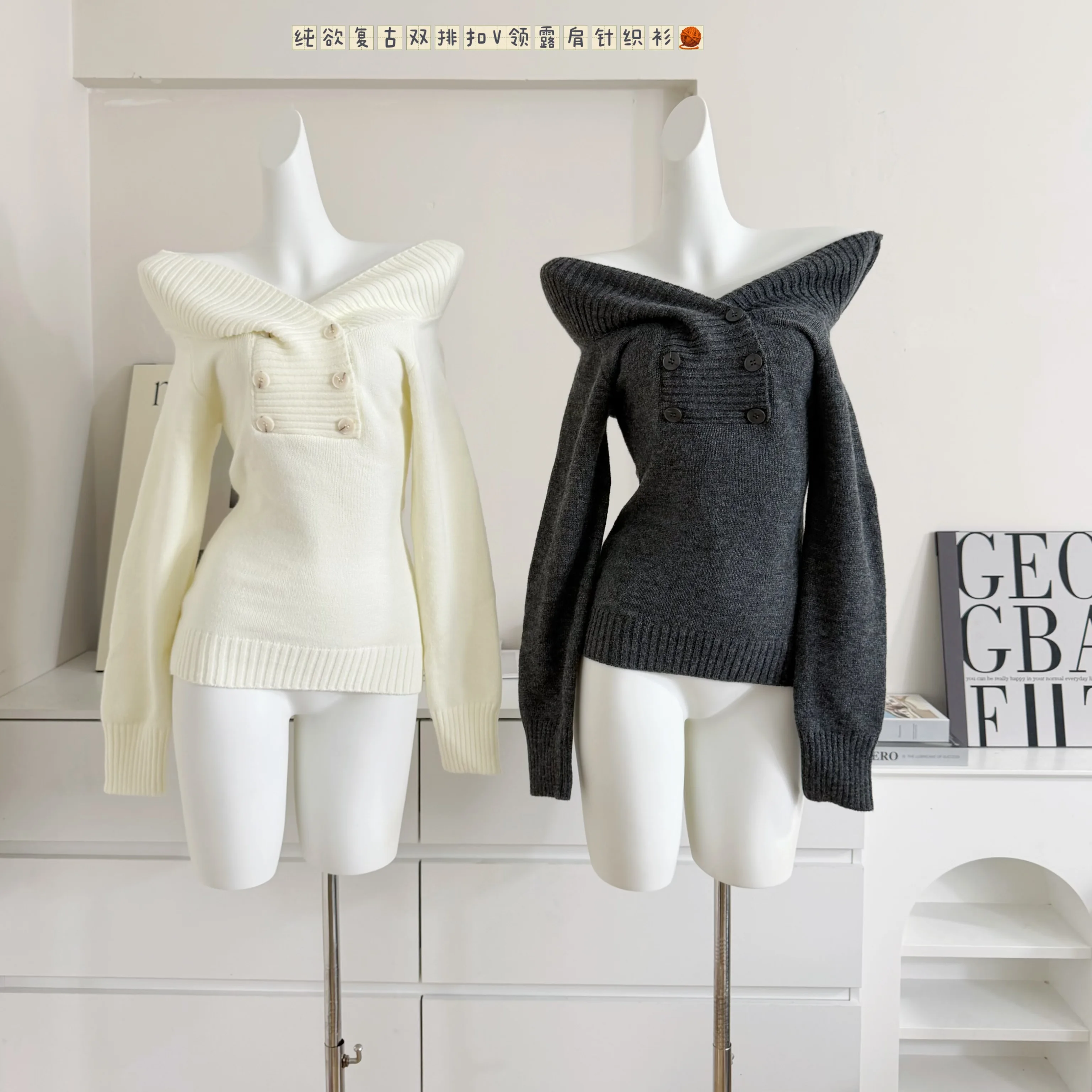 

2025 Fall New Off-Shoulder Knit Top Pure Vintage Double-Breasted Y2K Girl Top Fitted Long Sleeve Sweater Sexy Crop Top