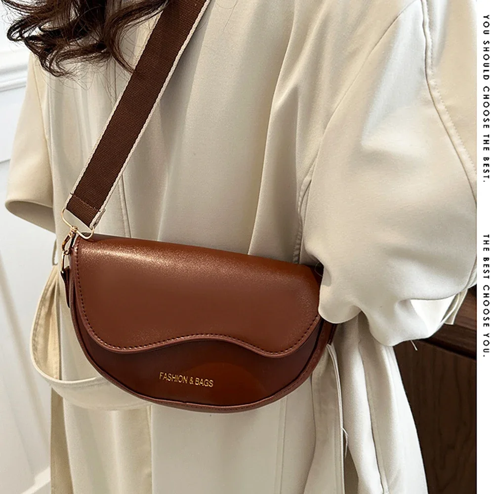 Women Vintage Solid Color Flap Small Saddle Shoulder Underarm Bag Fashion PU Leather Wide Strap Crossbody Bag 01