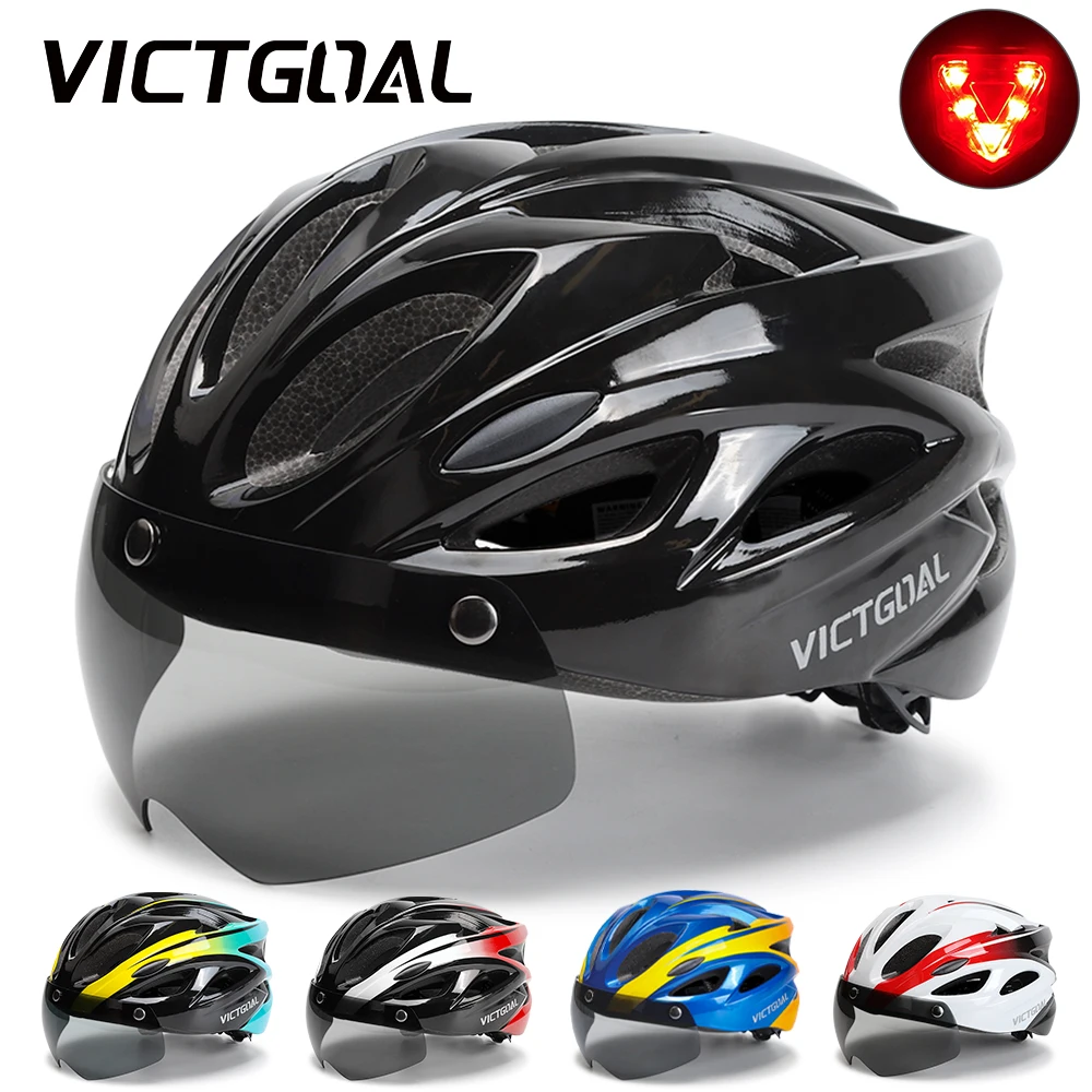 【セール中】VICTGOAL男性自転車ヘルメットテールランプ磁性ゴーグルUV 400レンズサンバイザー自転車ヘルメットマウンテンバイク電動スライド自転車安全