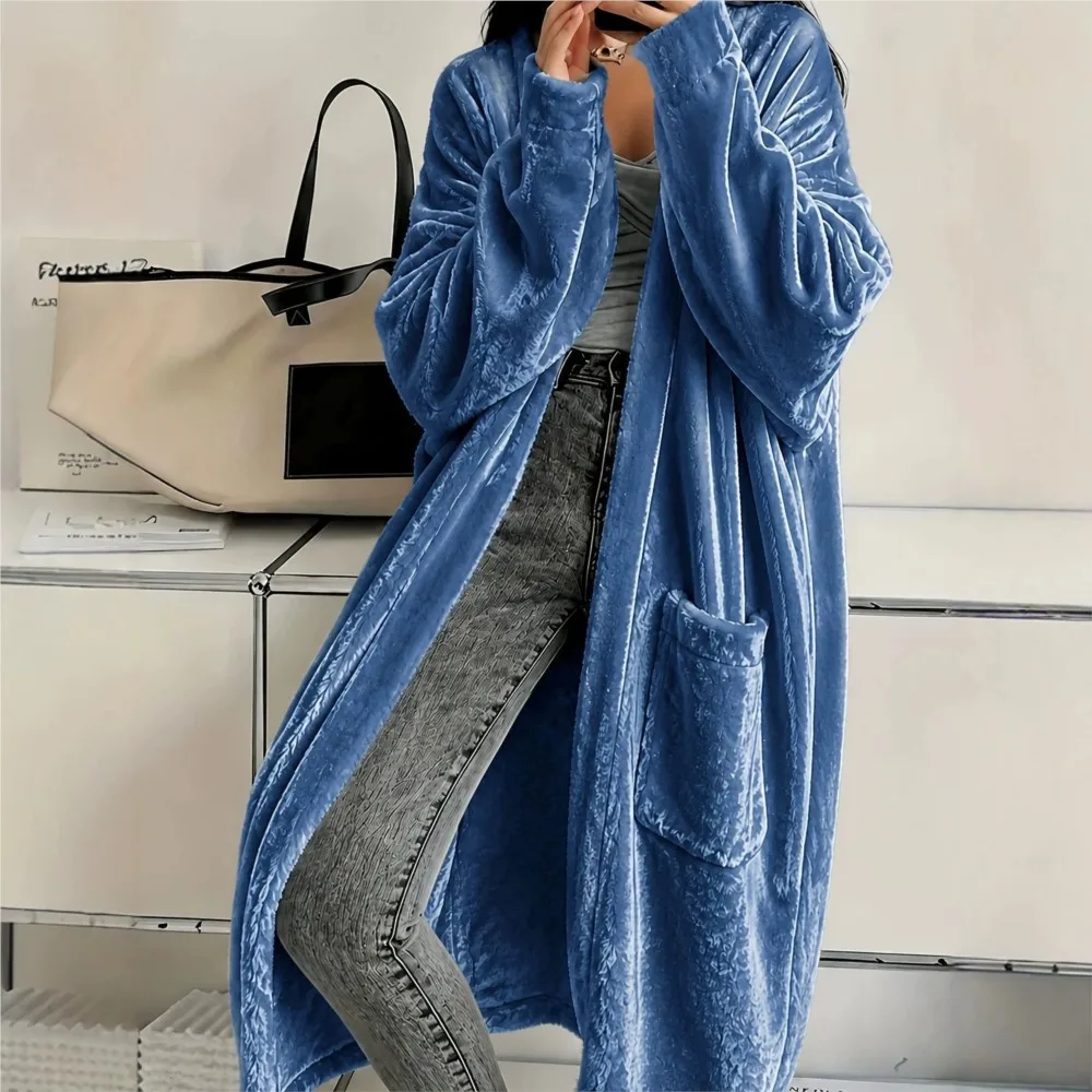Autumn Winter Solid Color Velvet Cardigan Long Coat Women's Long Sleeve Casual Loose Versatile Homew Coats Jackets Female Street