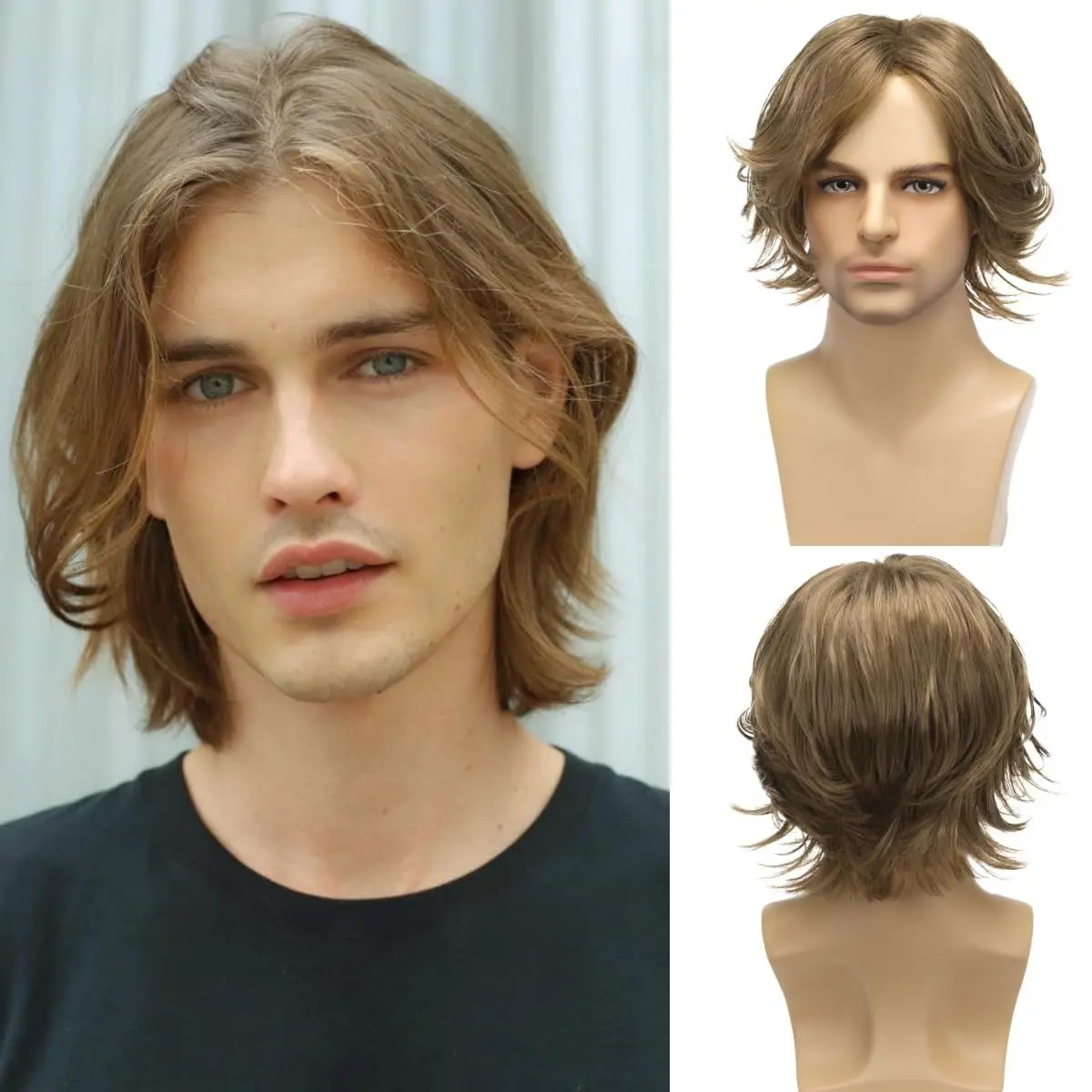 

Mens Synthetic Short Light Brown Curly Wig with Bangs For Handsome Male Daily Party Use Wig Heat Resistant