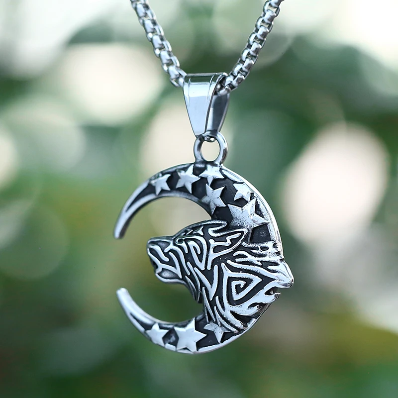 2024 New 316L Stainless Steel Unique Viking Wolf And Moon Star Pendant Necklace For Man Women Animal Jewelry For Teens Gift