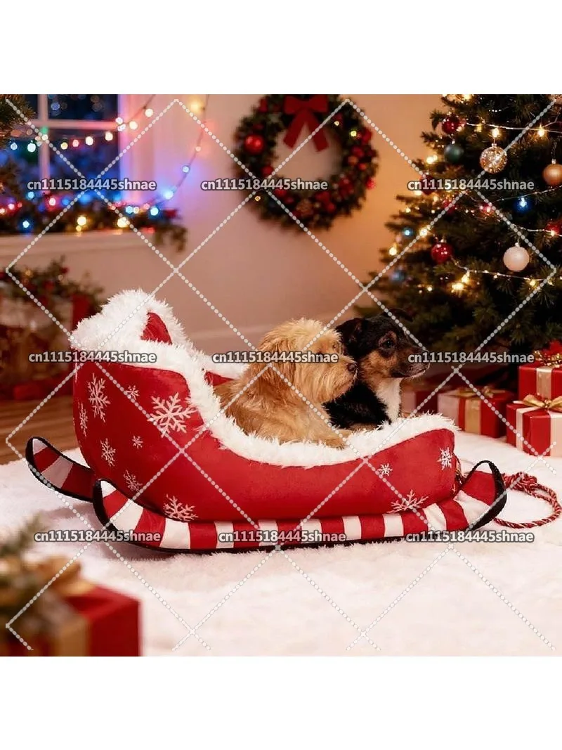 Christmas Sleigh‑Shaped Pet Bed Kennel, Thickened Warm Winter Enclosed Pet Nest, Washable Festive Sleeping Hut