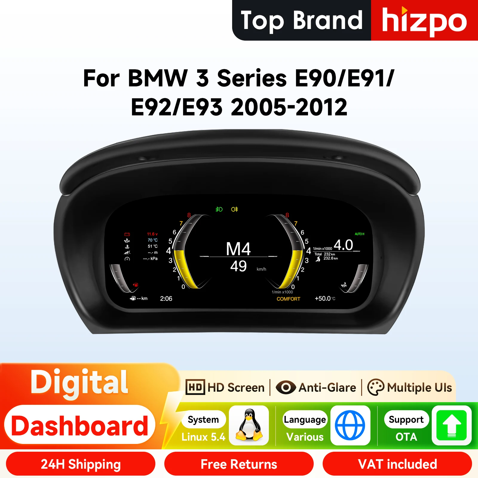 Hizpo Digitales Auto-Instrumentencluster für BMW 3er Serie E90 E91 E92 E93 2005 - 2012 10-Zoll LCD-Panel Armaturenbrett Tachometer Linux