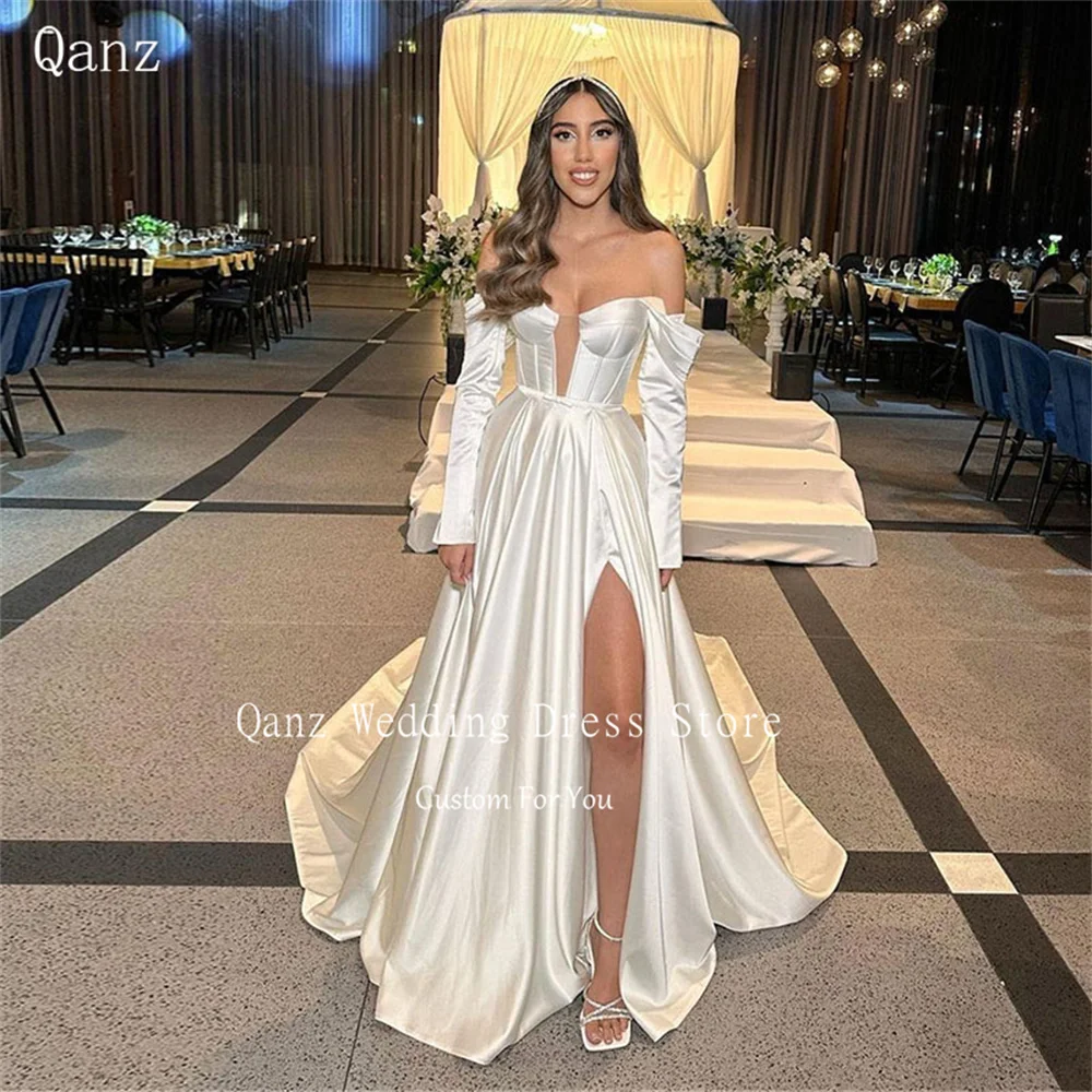 

Qanz Elegant Soft Satin Wedding Dresses for Woman Long Sleeves High Side Slit A Line Party Dresses Corset Back Vestido De Noiva