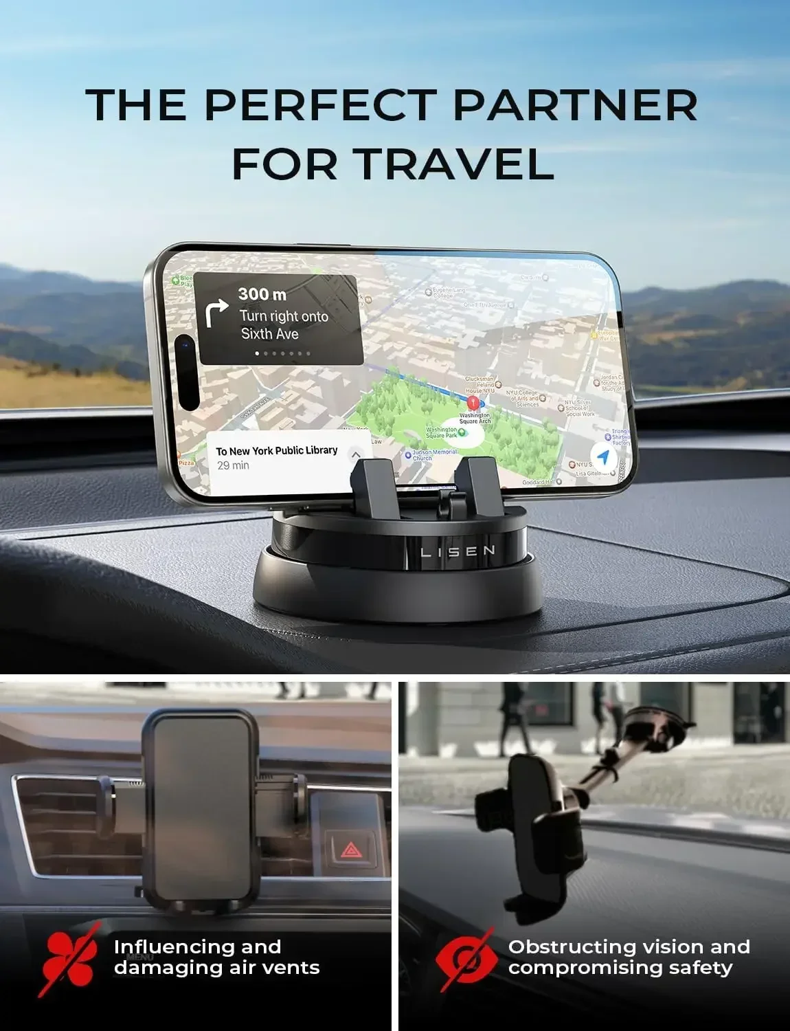 LISEN Car Phone Holder Mount Dashboard,360° Rotatable Dashboard Cell Phone Holder FOR iPhone 15 Pro Max/14/13/12,all phone