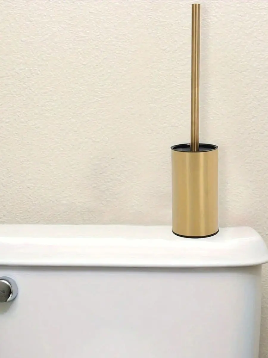 Goldene runde Toilettenbürste aus Edelstahl, mit langem Edelstahlgriff und stabiler Basis für die gründliche Reinigung des Badezimmers. – Detail 7