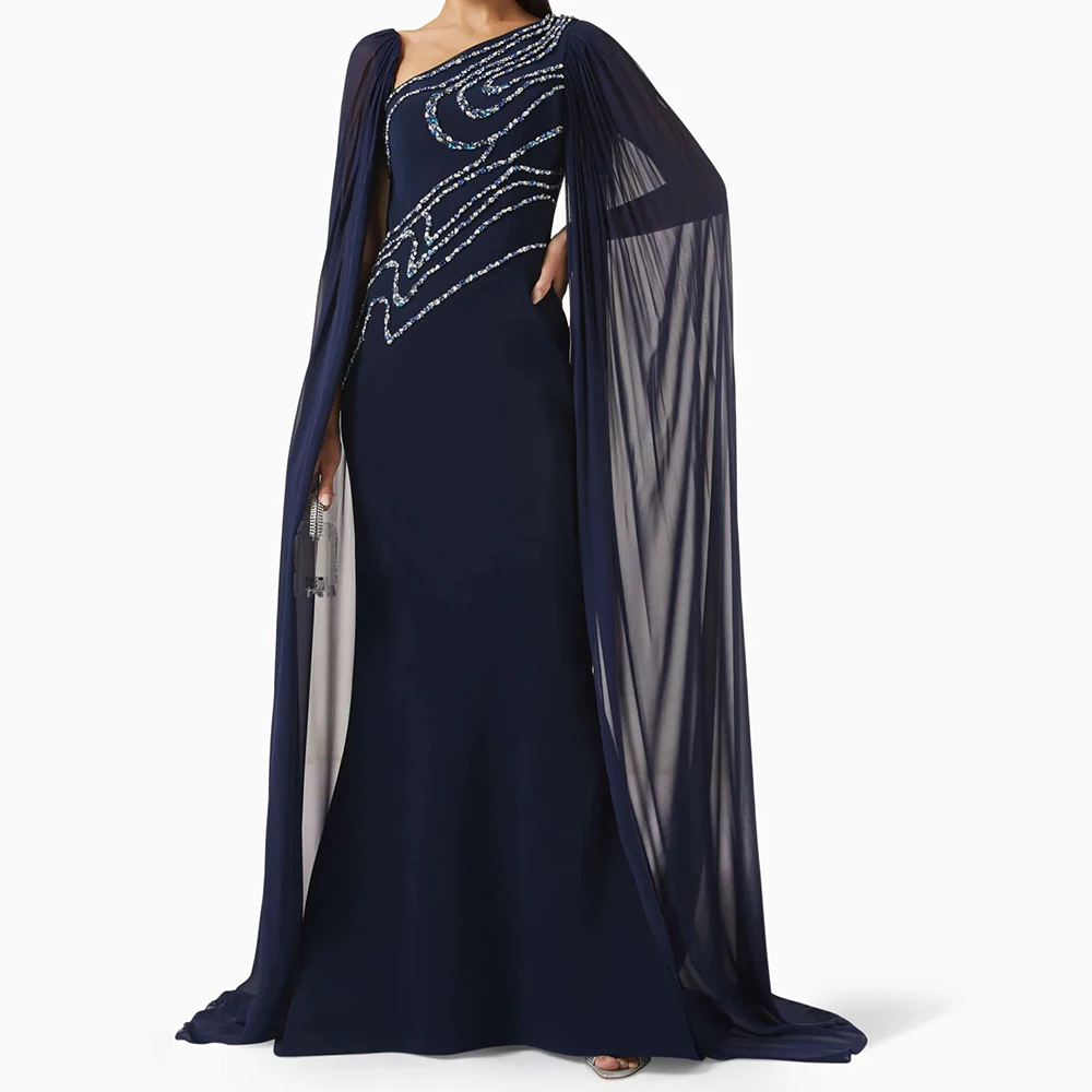 

Women's Mermaid Evening Dresses Floor-length V-neck Sleeveless Prom Gown Fashion Crystal Simple Stole Draped Customized Gowns