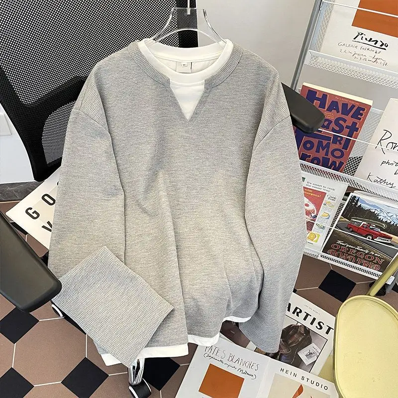 Block American waffle fake two-piece v-neck long-sleeved T-shirt sweatshirt for men and women niche inner layering shirt y2k ins