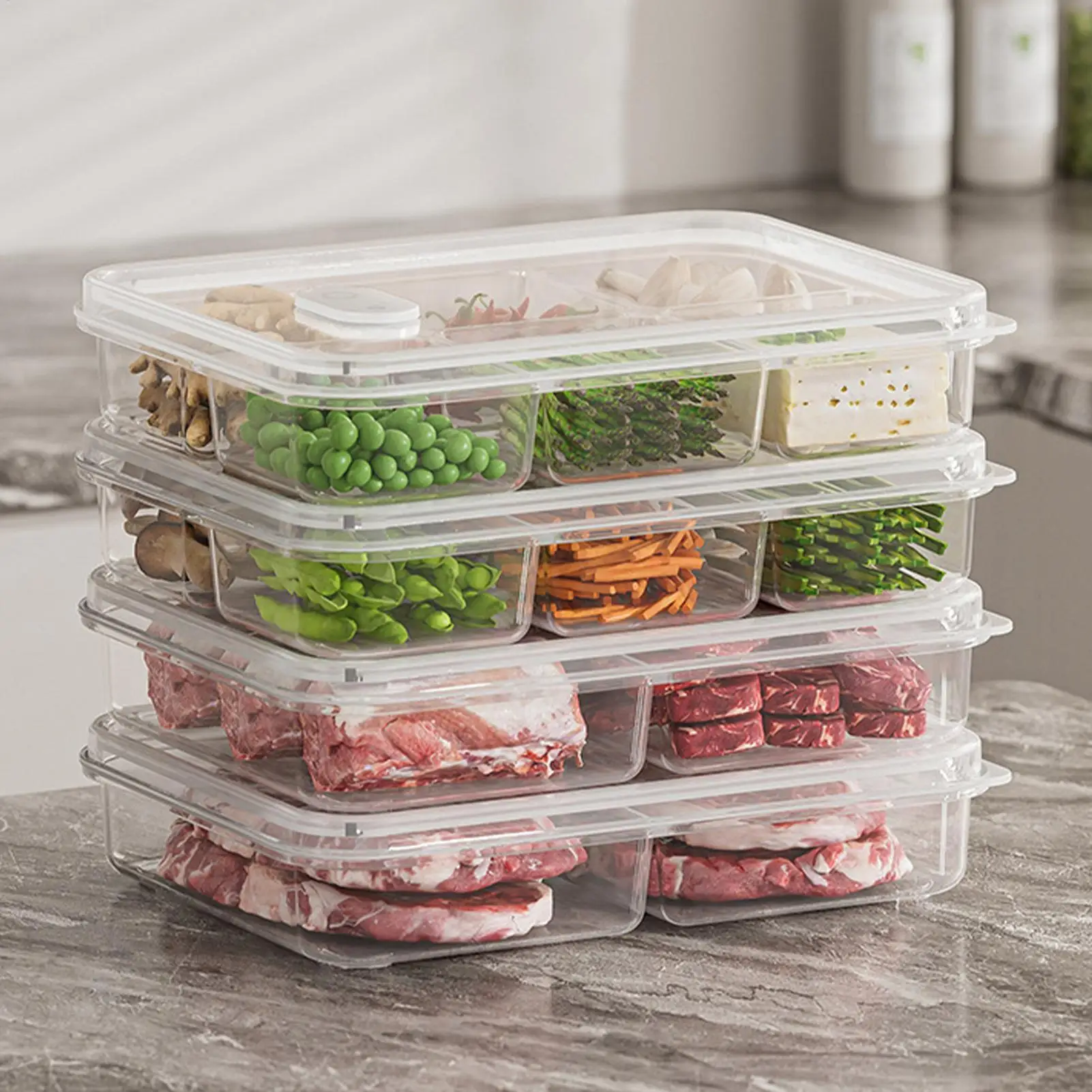 Transparent 4/6 Grid Refrigerator Large Capacity Storage Box Frozen Meat Vegetable Compartment Food Sub-packed Kitchen Storage