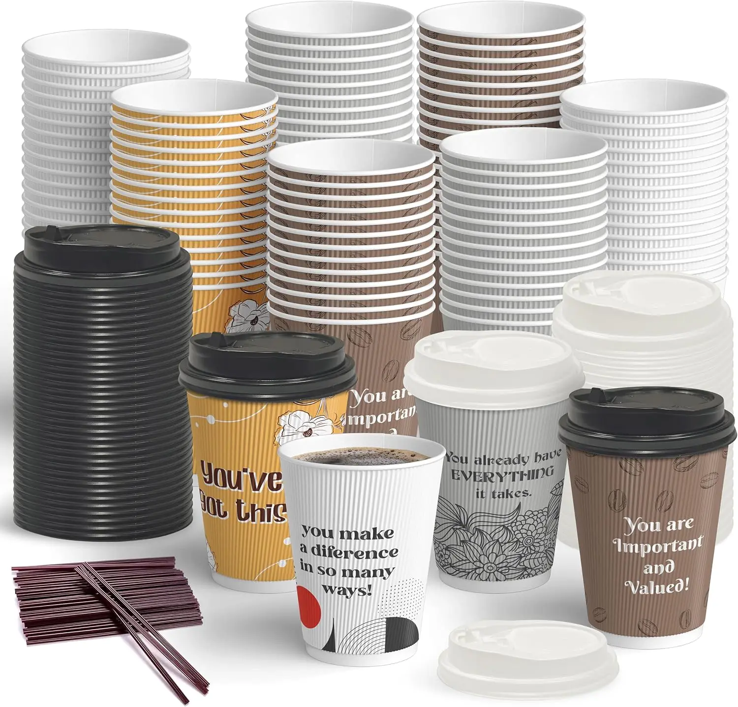 

100 Motivational Disposable Coffee Cups 12 oz with Leakproof Lids, Stirrers