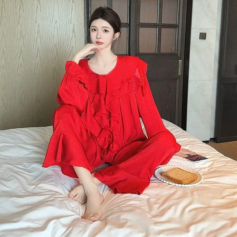 

New Nightwear Female 2Pcs Pajamas Set Spring Autumn Women's Sleepwear Long Sleeve Trouser Pijamas Suit Sweet French Style Pyjama