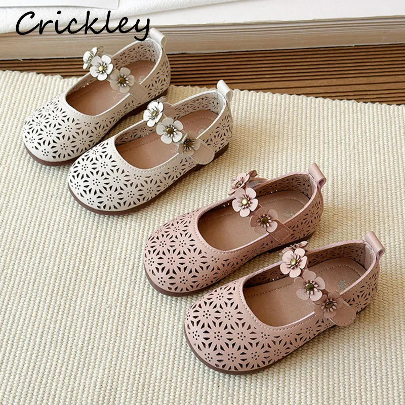 Flowers Hollow Out Girls Flats Shoes Spring Summer Solid PU Children Princess Shoes Hook Loop Non Slip Kids Fashion Shoes
