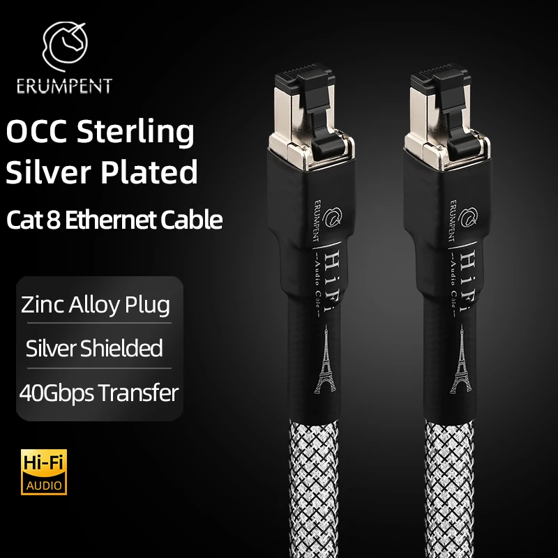 ERUMPENT Sterling Silver Plating Cat 8 Network Cable High Speed 40Gbps 2000MHz Internet LAN Cable for Computer Router