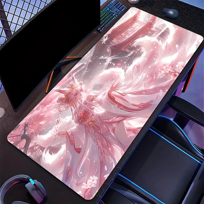 Anime Fox Girl Desk Mat, Extended Non-Slip Rubber Gaming Mouse Pad with Ethereal Pink Aesthetic Design for a Magical Desk Setup