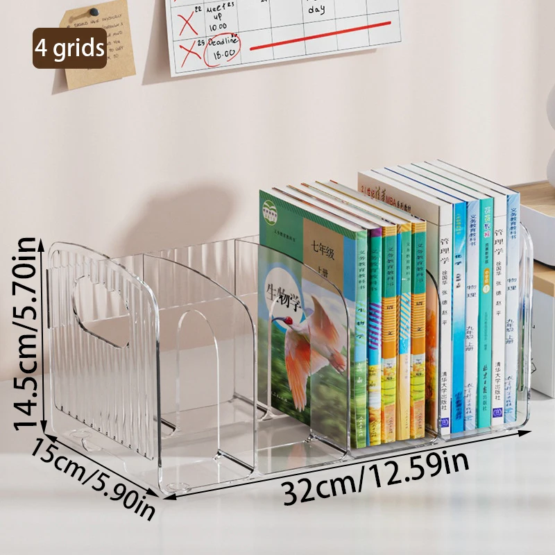 Transparent Acrylic - Multifunctional Desktop Book Stand With Pen Holder, Four Grid Bookshelf, Office Document Storage Rack