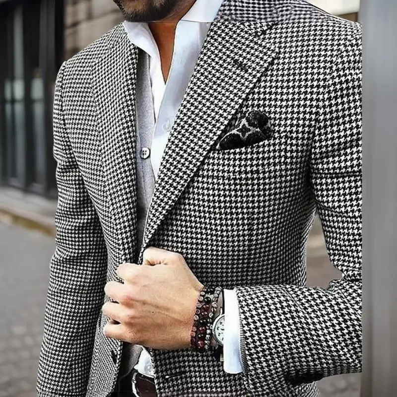 

Slim Fit Men's Blazer Houndstooth Casual Italian Style Man Suit Jacket Notched Lapel 1 Pc Check Wedding Coat For Prom Party