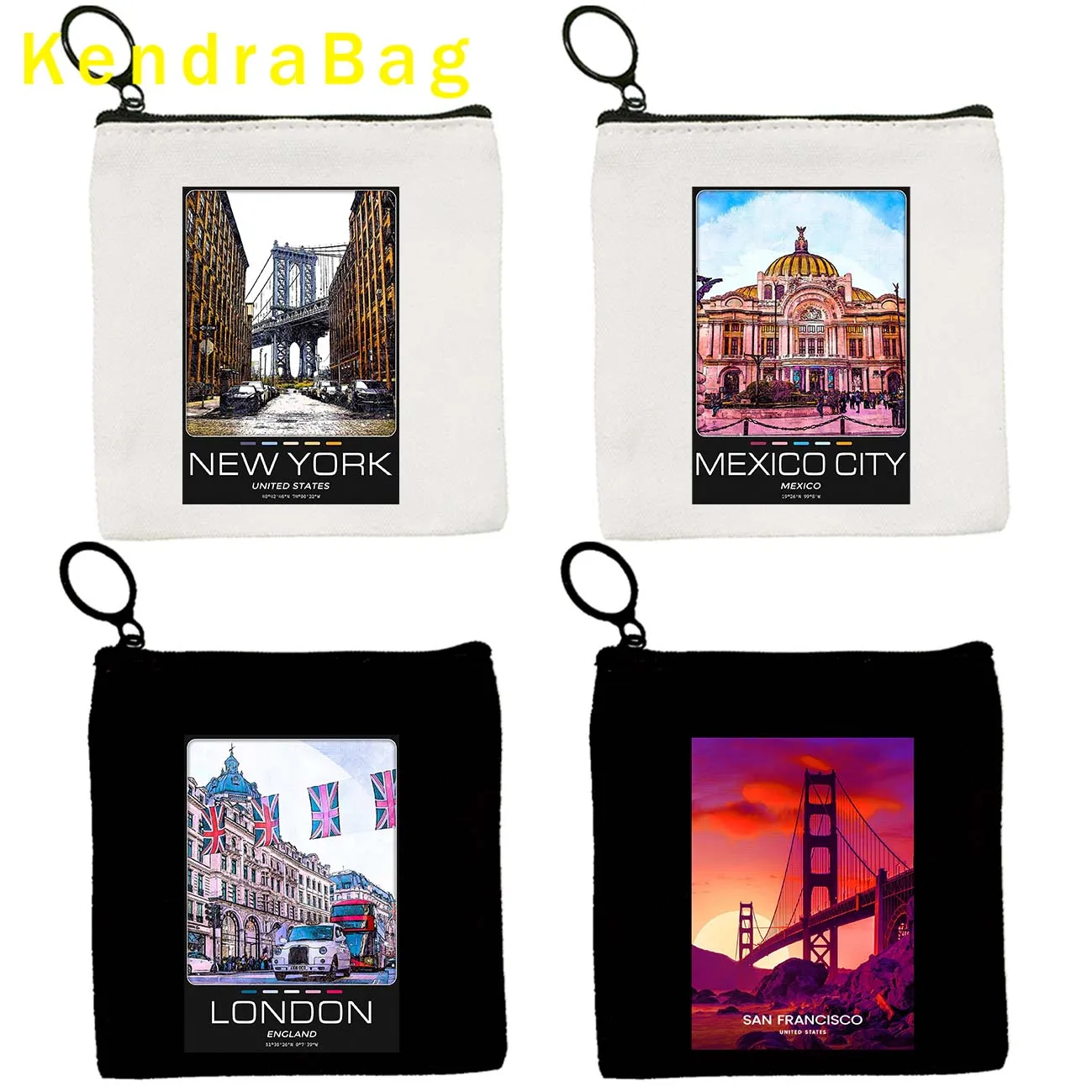 New York London Los Angeles Paris Key Coin Purse San Francisco Seoul Sydney Toronto Las Vegas Miami Canvas Bag Pouch Wallet Gift