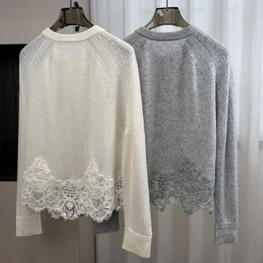 Spring New Arrival Exquisite Lace-Trimmed Fashionable Wool Top Round Neck Knit Cardigan for Women