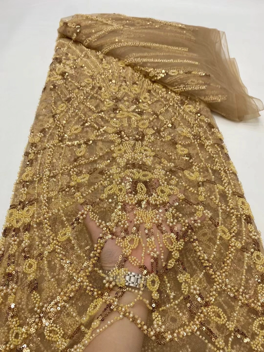 

2025African Nigerian French Guipure Tulle Lace Fabric 3DSequins Beaded Embroidery for Luxury Wedding Party Evening Dresses 5Yard