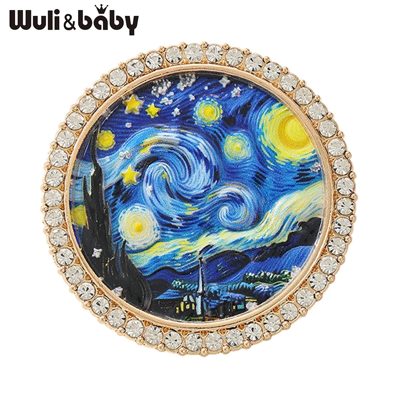 Wuli&baby Famous Picture Round Brooches Pins For Women Men 2-design The Starry Night And The Reaper Brooch Badge Gifts