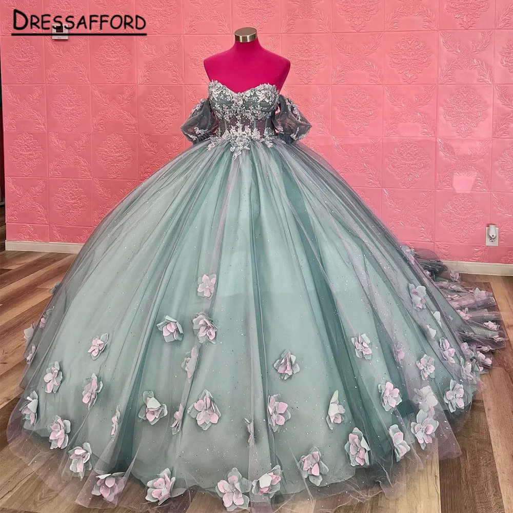 Vestido Princesa Quinceanera Sweet 16 Mint Green, vestido de baile floral 3D cristal, espartilho Applique, 15 anos