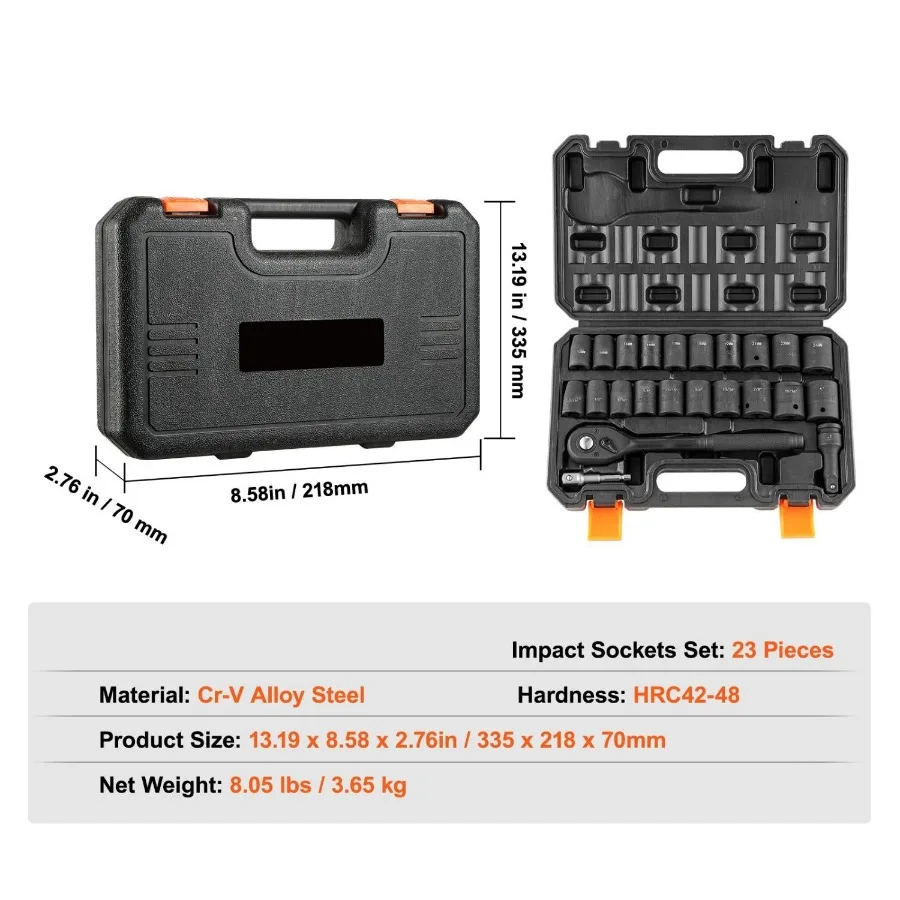

23Piece Professional 1 2 Drive Impact Socket Set SAE 7 161 Metric 1324mm 6Point CrV Steel Heavy Duty for Auto Truck Industrial