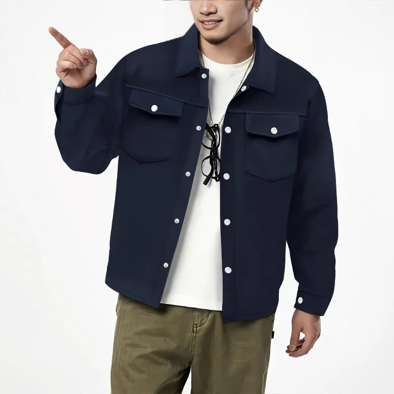 

Autumn Winter European American Casual Men's Lapel Single-breasted Solid Double Pocket Slim Jacket