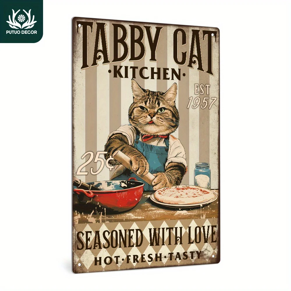 Putuo Decor 1 pieza Letrero Metálico Vintage, Gato Tabby Cocina Est. 1957 25￠ Condimentado con Amor Caliente Fresco Sabroso, Decoración de Pared para H