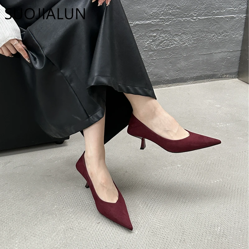 SUOJIALUN 2024 Autumn Pointed Toe Women Sexy Shallow Slip On Pumps Shoes Fashion Thin High Heel Ladies Elegant Dress Boat Shoes