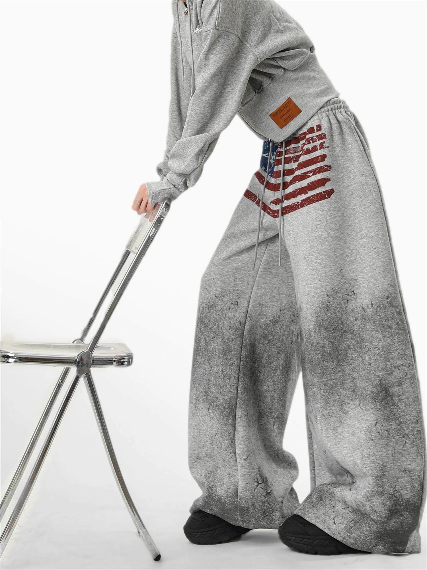 Women's Gray Oversized Wide Leg Pants American Print Distressed Design Drawstring Waist Casual Streetwear Ladies Trousers