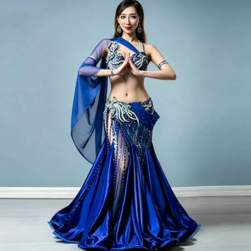 Belly Dance New Performance Outfit in Navy Blue, Sexy and Shiny Lace, Wrapped Buttocks, Fishtail Skirt, Floating Sleeve Set