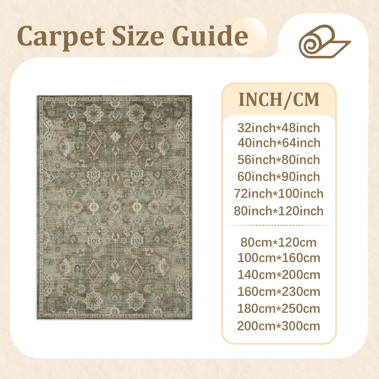 Large Indoor Area Rug, Soft Velvet Low Pile with Non-Slip Dotted Backing, Machine Washable Vintage Persian Floral Rug in Muted Earth Tones for Living Room & Bedroom Home Decor