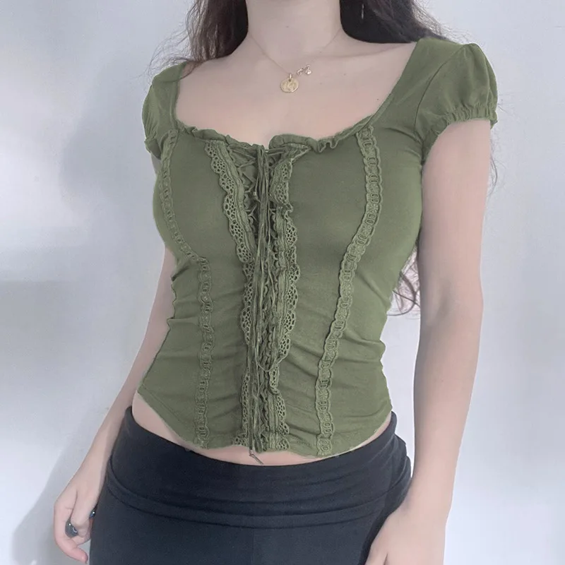 

Women's T-shirt Square Neck Green Stringy Selvedge Patchwork Lace Up Slim Fit Crop Top Casual Spicy Girl Bubble Sleeve T-shirt