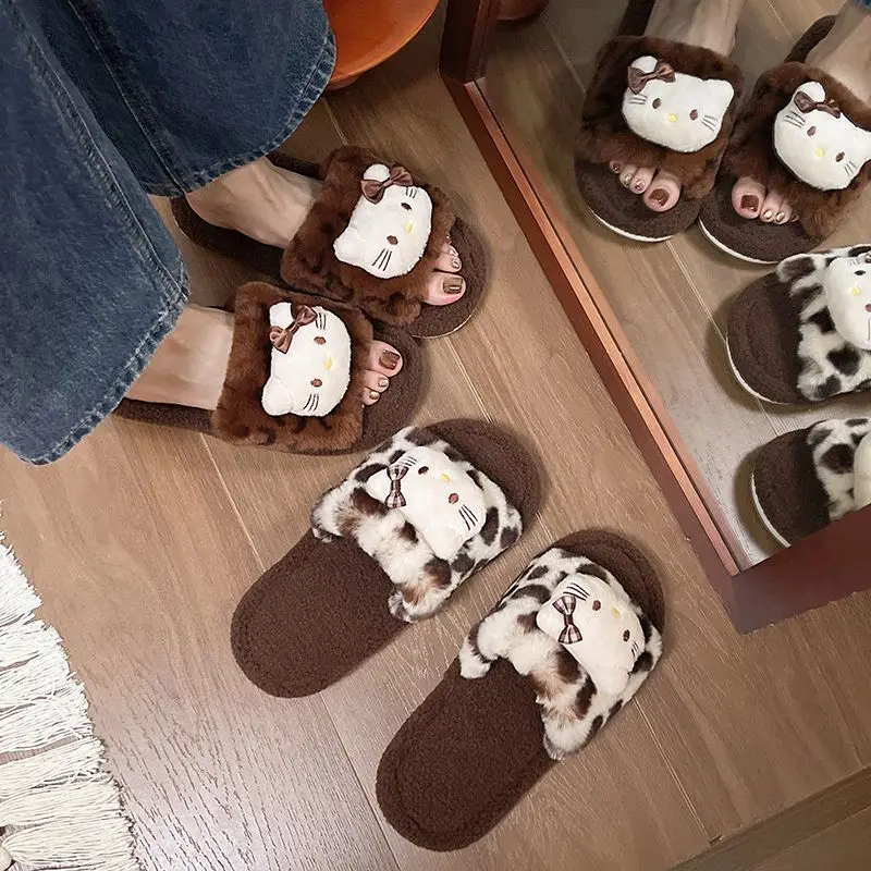 Sanrio Hello Kitty Trend Cute Plush Shoes Autumn Winter Leopard Print Simple Cotton Slippers Korean Version Versatile Home Shoes