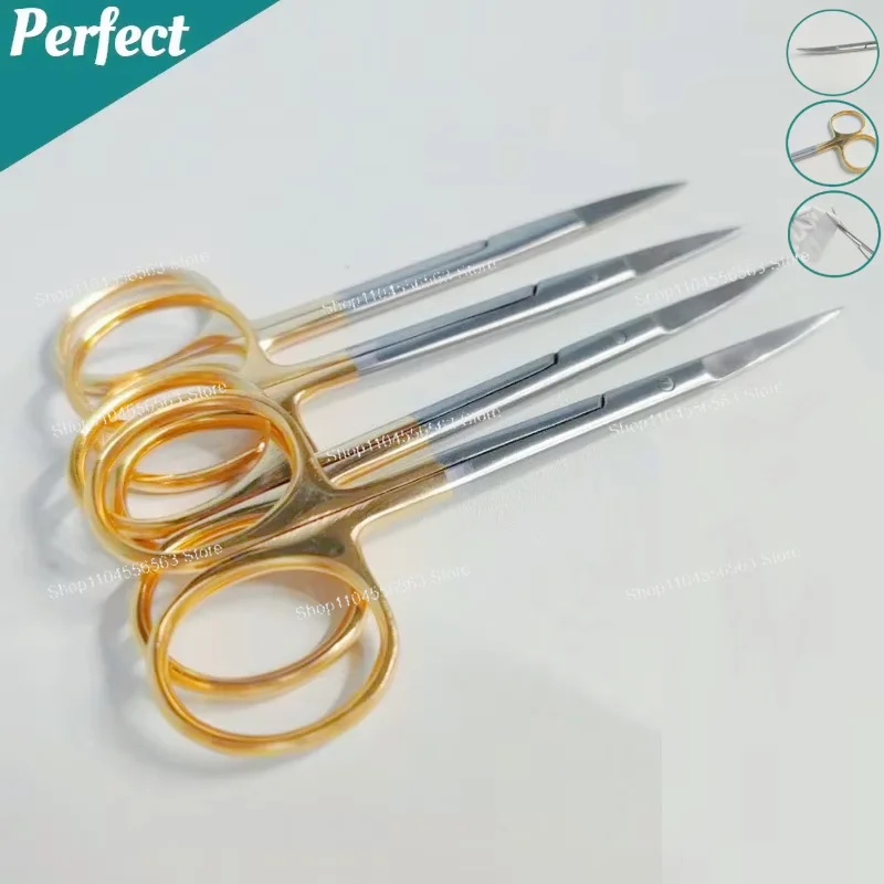 5 Pcs Surgical Scissors Straight & Curved Tips 11.5cm, Stainless Steel Gold Plated Handle for Lab Medical Orthodontic Tools