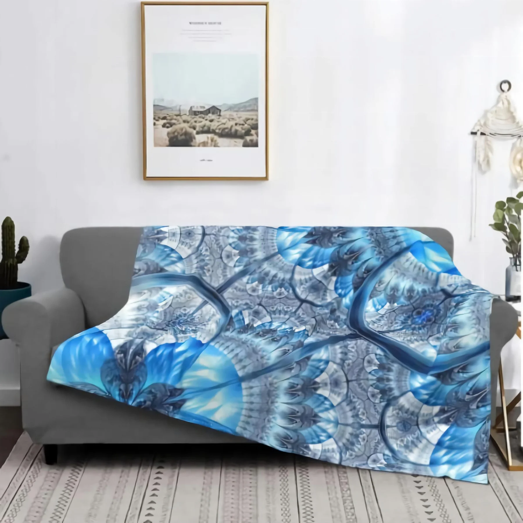 Dark blue fractal flower Decor Throw Blankets, Lightweight Flannel Blankets All-Season Blanket for Bed Couch Sofa Living Room