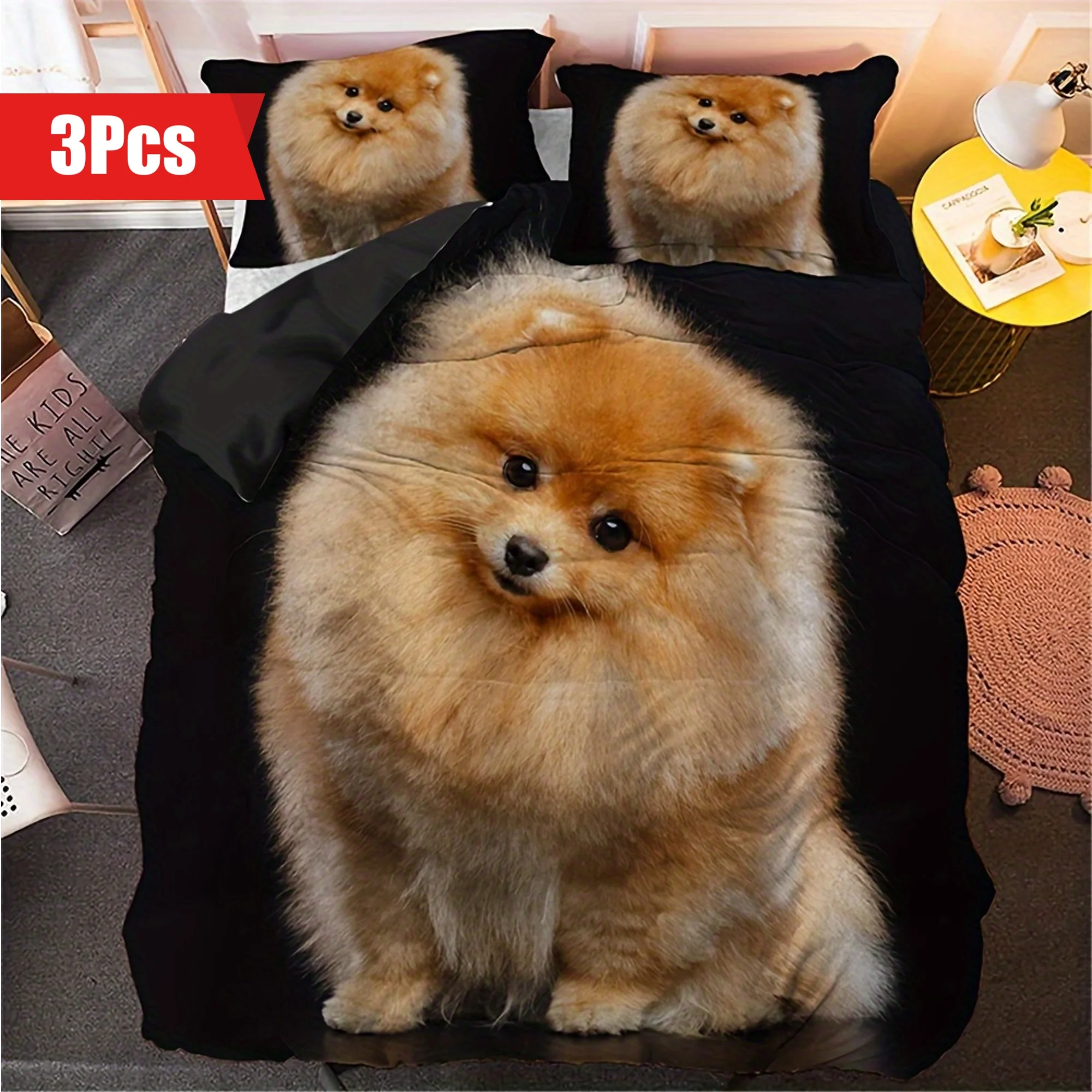 

Duvet Cover Set (1 Duvet Cover+2 Pillowcase) Cute Pomeranian Dog Printed Bedding Set For Bedroom And Guest Room