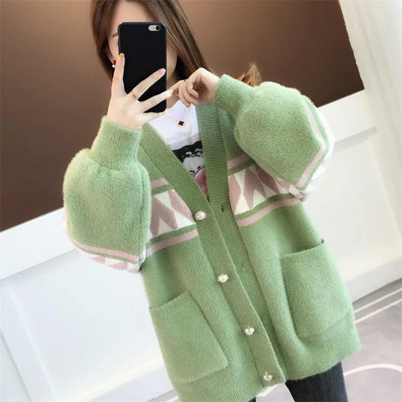 Koreanische Faux Nerz Kaschmir Strickjacke Pullover Frauen Jumper Damen Lose 4 Farbe Mid-länge Patchwork Große Tasche Stricken Tops weibliche