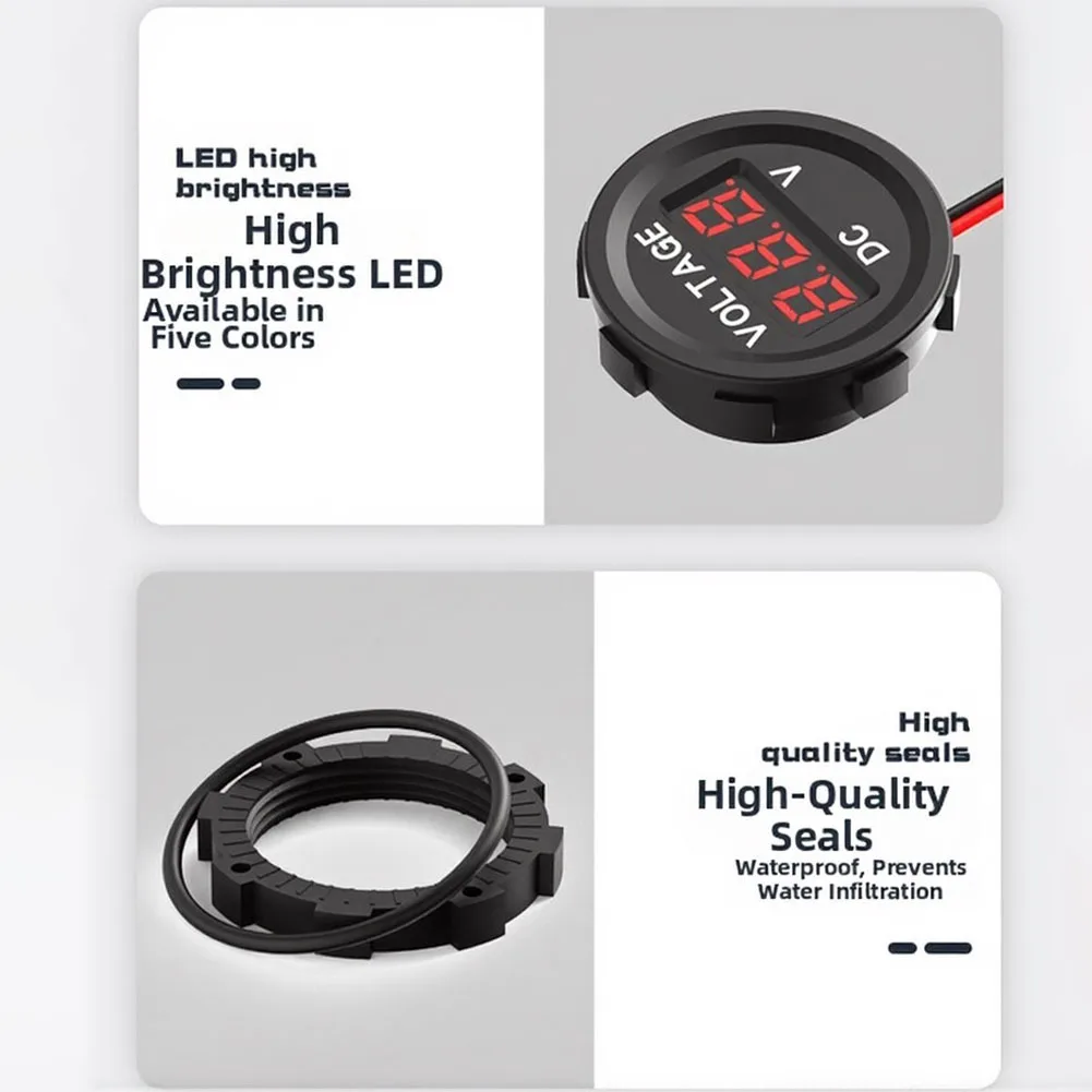 Car Modified Voltmeter With LED Waterproof IP67 Digital Round DC Voltmeter 4-30V Flame Retardant Housing Long Life LED Display