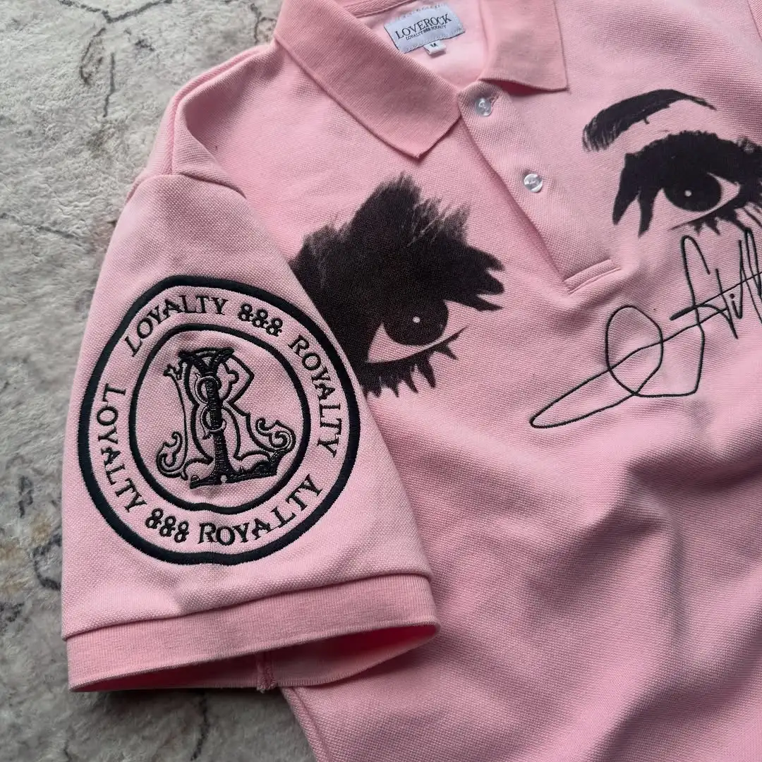 American Ins Retro Style Polo Shirt, Embroidered Logo Design, Unisex Pink Short-Sleeved T-Shirt, Street Casual Fashion