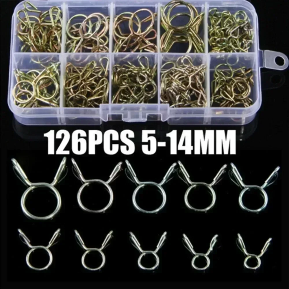 126Pcs 5mm-14mm Spring Clip Fuel Oil Hose Line Air Tube Clamps Assortment Kit For Boats ATVs Motorcycles With Storage Box