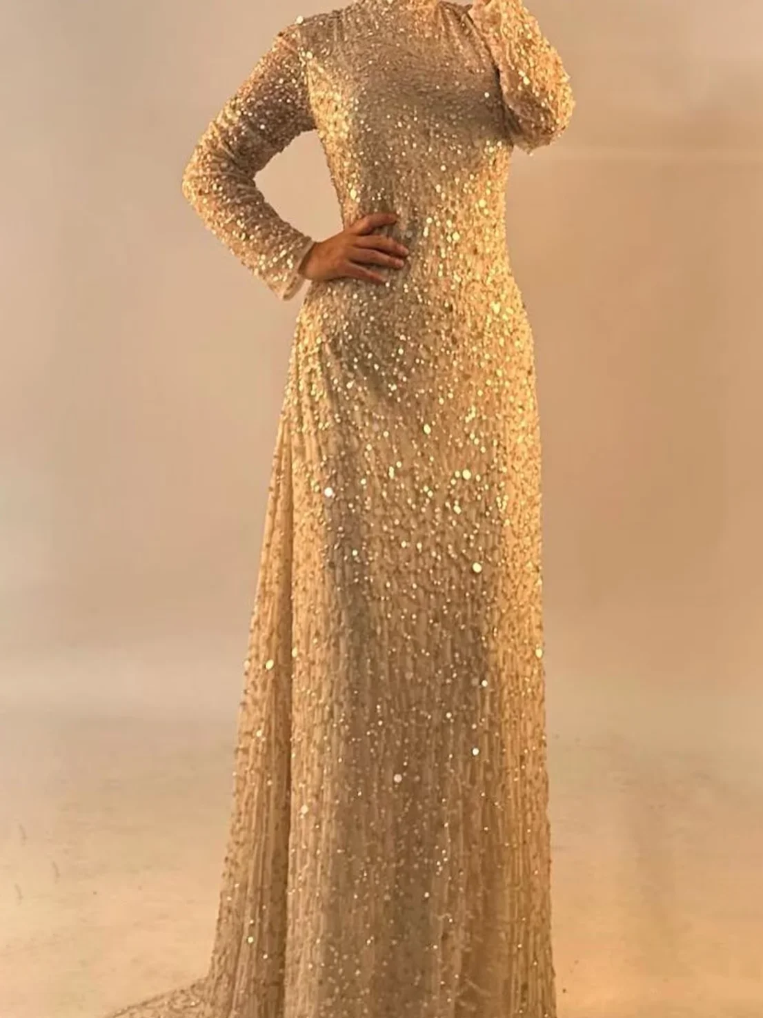 

Classic High Collar Beading Full Sleeve Straight Formal Evening Dresses Birthday Party Prom Gowns Customized