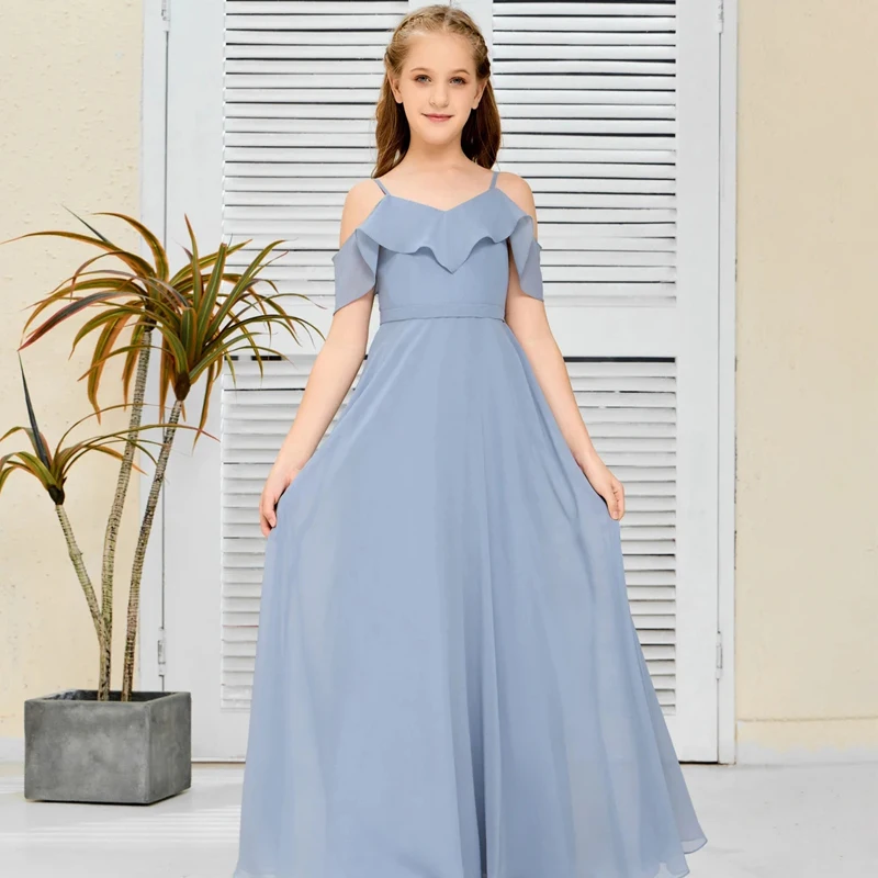 

Blue A-Line Simple Scoop Floor Length Tulle Off the Shoulder Backless Junior Bridesmaid Dress Party Evening Prom Robe De Mariée