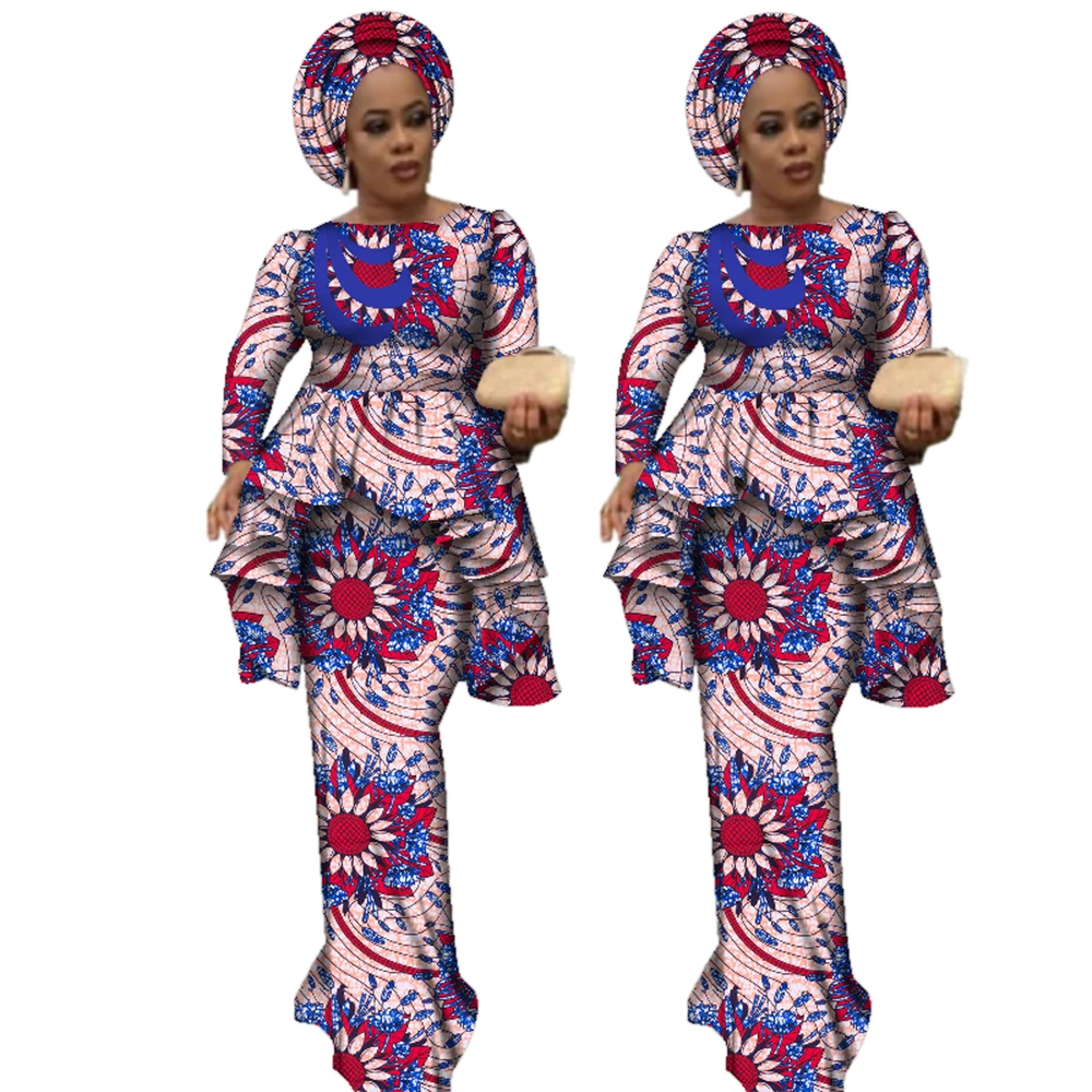 Africa Style Bazin Riche Dresses for Women Two Pieces Set Women Long Sleeve Tops and Long African Print Skirt Plus Size WY2488