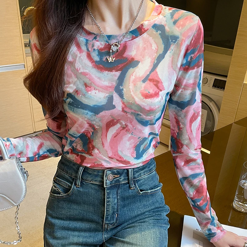 New Fashion Tie Dry Printed Tops Round Neck Street wear T Shirt Women Long Sleeve Mesh Sun Protection Shirt