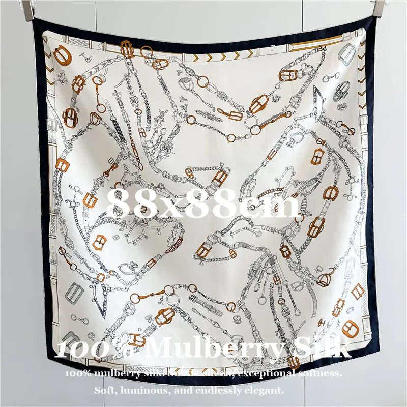 

New 14 Momme 100% Real Silk Chain Print 88x88cm Foulard Durable Breathable Travel Fashion Lustrous Hand-Rolled Edge Square Shawl