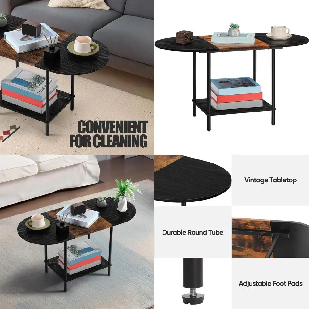 

Oval Center Table with 2-Tier Storage and Wooden Top for Small Living Spaces