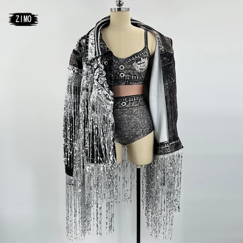 two piece leotard and coat tassels sequin set sexy Nightclub Bar party DJ DS Suit print jazz Dance Stage Wear drag queen Costume