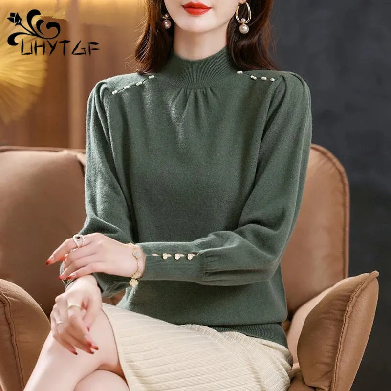 

Autumn Winter Half High Collar Elegant Fashion Solid Bottomed Sweater Female Casual All-match Knitting Jumper Top Women Pullover